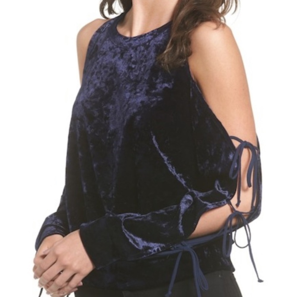 Love, Fire Blue Velvet Cold Shoulder Top with Lace-Up Arms Large